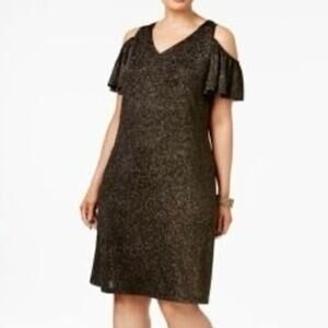 MSK Sparkly Gold Black Dress Women's Sz 4 Medium  Cocktail Party Cold Shoulder